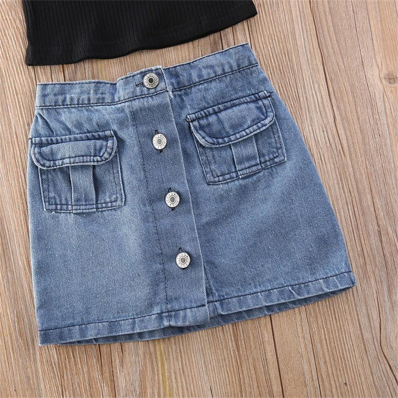 Girls Solid Color Sling Top & Button Denim Skirt Trendy Kids Wholesale Clothing - PrettyKid