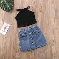Girls Solid Color Sling Top & Button Denim Skirt Trendy Kids Wholesale Clothing - PrettyKid