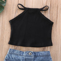 Girls Solid Color Sling Top & Button Denim Skirt Trendy Kids Wholesale Clothing - PrettyKid