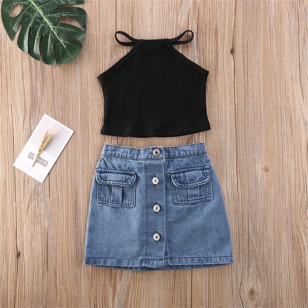 Girls Solid Color Sling Top & Button Denim Skirt Trendy Kids Wholesale Clothing - PrettyKid