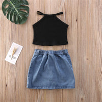 Girls Solid Color Sling Top & Button Denim Skirt Trendy Kids Wholesale Clothing - PrettyKid
