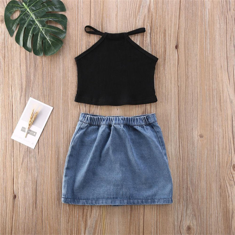 Girls Solid Color Sling Top & Button Denim Skirt Trendy Kids Wholesale Clothing - PrettyKid