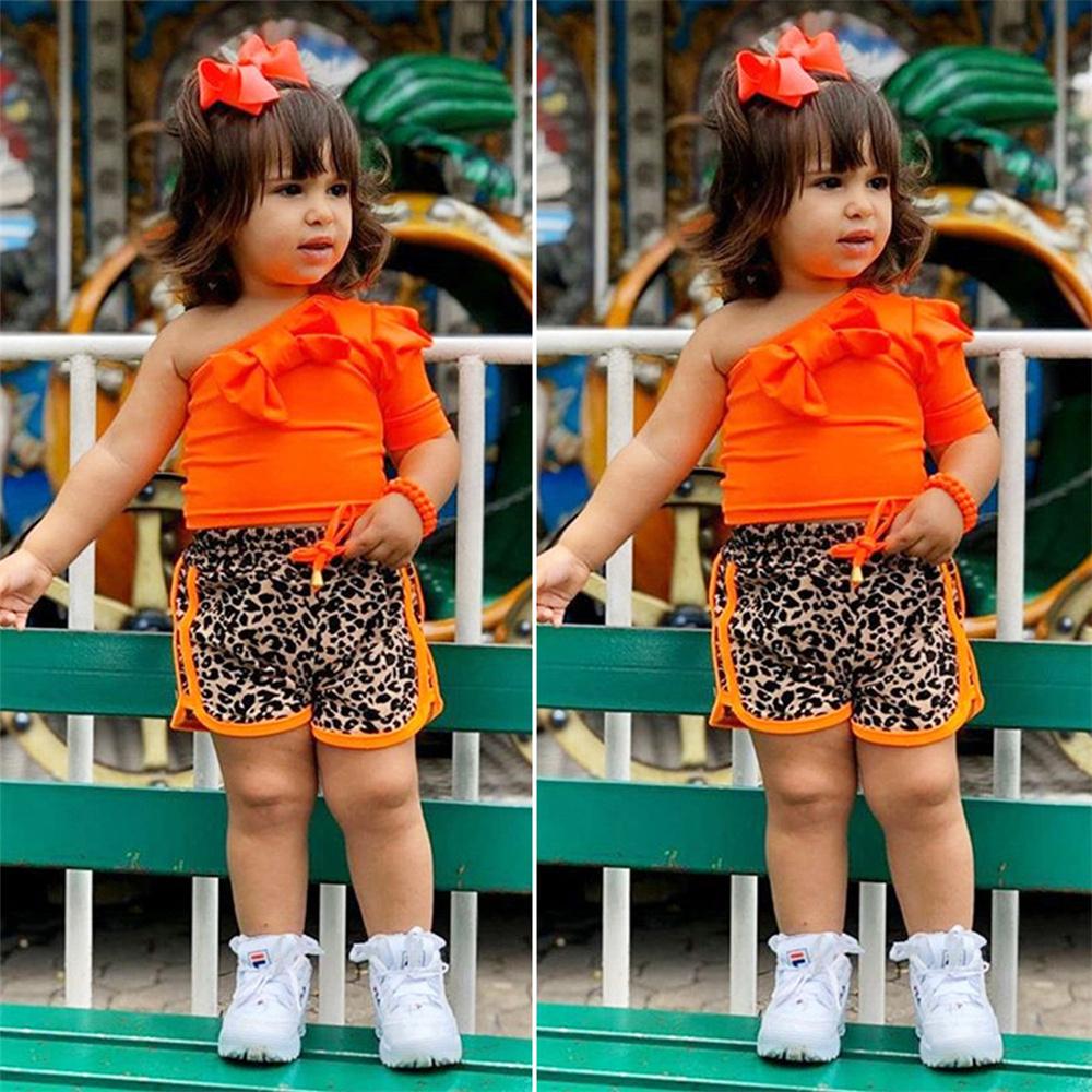Girls Solid Color Strapless Single Sleeve Bow Decor Top & Leopard Shorts Wholesale Little Girls Clothes - PrettyKid