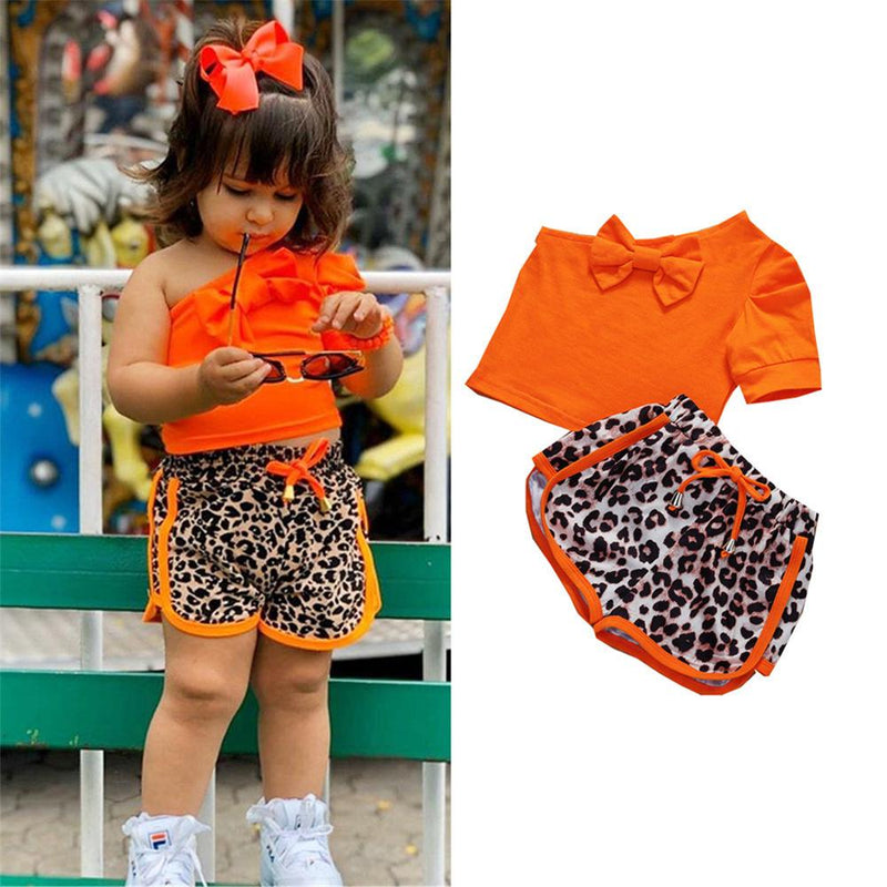 Girls Solid Color Strapless Single Sleeve Bow Decor Top & Leopard Shorts Wholesale Little Girls Clothes - PrettyKid