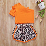 Girls Solid Color Strapless Single Sleeve Bow Decor Top & Leopard Shorts Wholesale Little Girls Clothes - PrettyKid