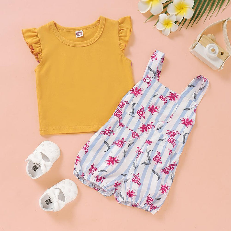 Baby Girls Solid Color Summer Top & Floral Overalls Baby clothing Cheap Wholesale - PrettyKid