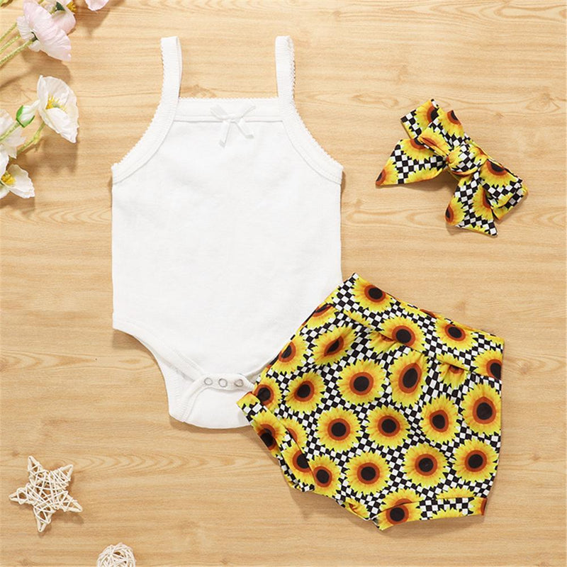 Baby Girls Solid Color Tank Romper & Sunflower Shorts & Headband Boutique Baby Clothes Wholesale - PrettyKid