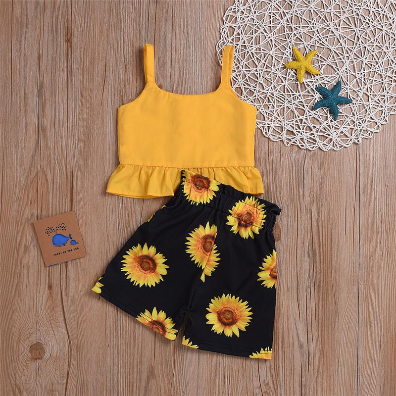 Girls Solid Color Tank & Sunflower Printed Shorts Wholesale Girl Clothing - PrettyKid