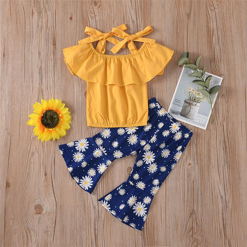Girls Solid Color Tie Up Tank Top & Daisy Printed Bell Trousers Wholesale Girl Boutique Clothing - PrettyKid