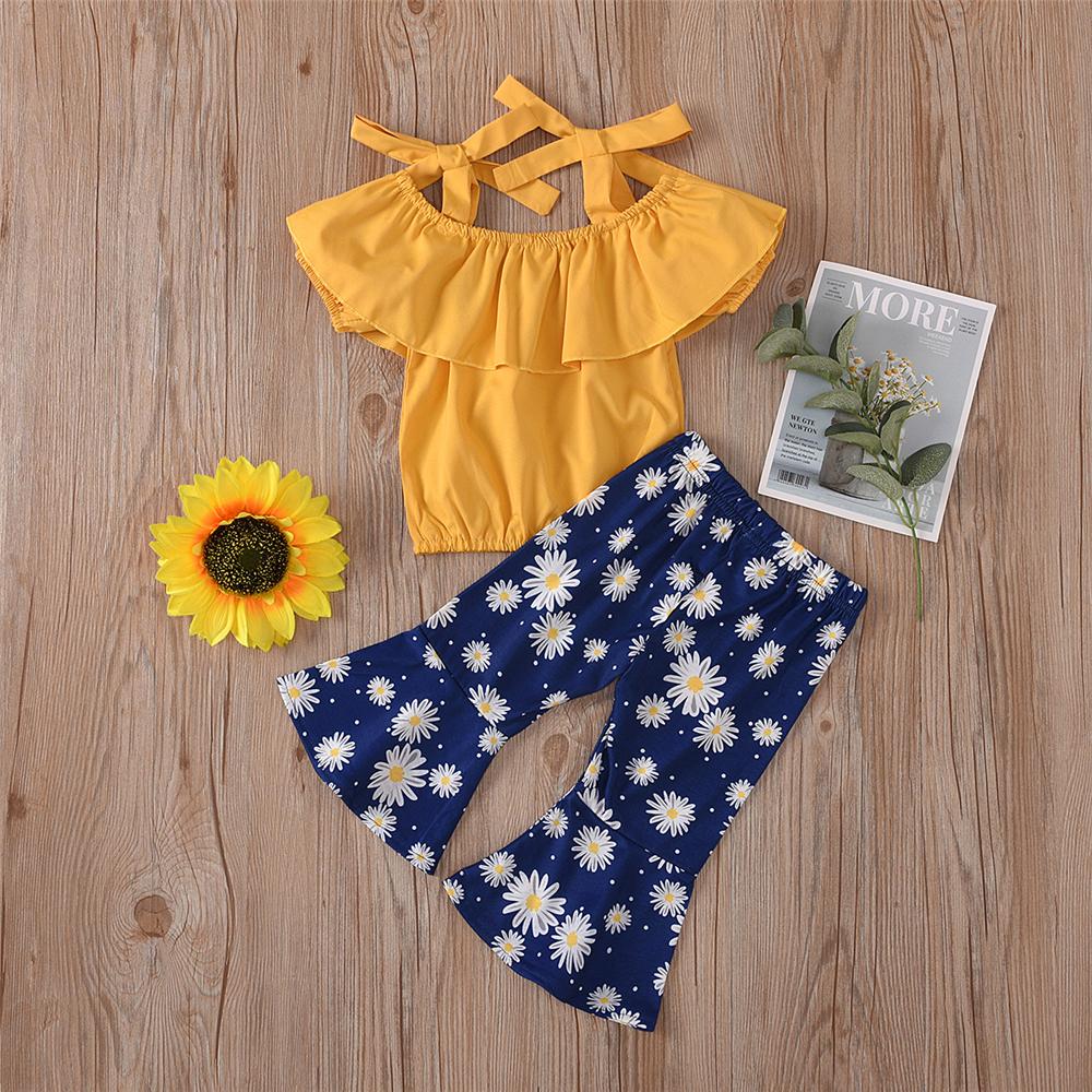 Girls Solid Color Tie Up Tank Top & Daisy Printed Bell Trousers Wholesale Girl Boutique Clothing - PrettyKid