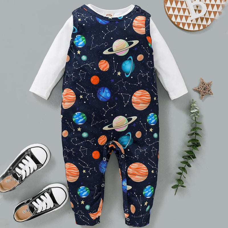 Baby Boy Solid Color Top & Space Printed Romper Baby Clothing Cheap Wholesale - PrettyKid