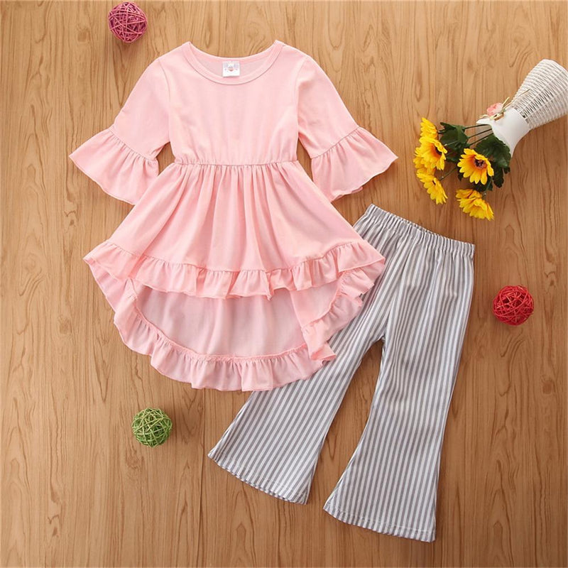 Girls Solid Color Top & Striped Trousers Wholesale Girls Clothing - PrettyKid