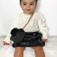 Girls Solid Color Twist Crew Neck Sweaters & PU Skirt Wholesale Girls - PrettyKid