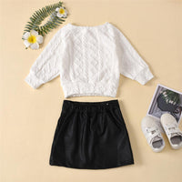 Girls Solid Color Twist Crew Neck Sweaters & PU Skirt Wholesale Girls - PrettyKid