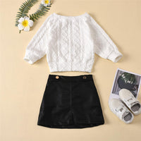 Girls Solid Color Twist Crew Neck Sweaters & PU Skirt Wholesale Girls - PrettyKid