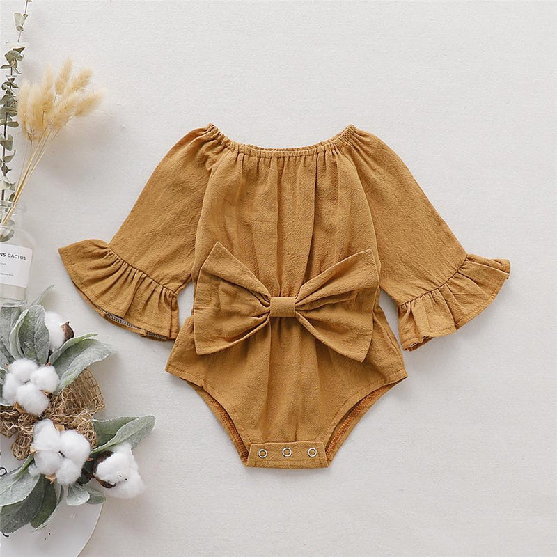 Baby Girls Solid Cotton Linen Bow Decor Long Sleeve Rompers - PrettyKid