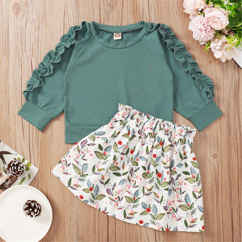 Girls Solid Crew Neck Pullover & Floral Skirt Wholesale Clothing Baby - PrettyKid