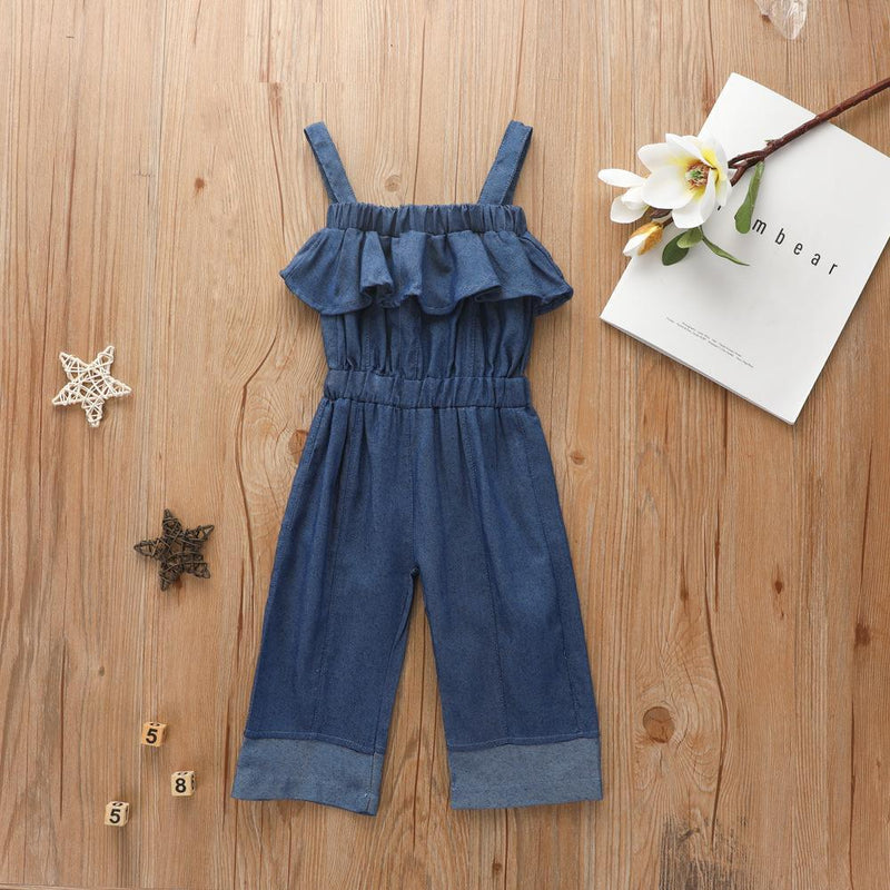 Girls Solid Denim Jumpsuits Wholesale - PrettyKid