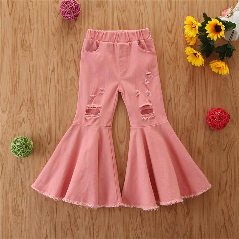 Girls Pink Ripped Denim Flared Jeans Buy Wholesale Kids Clothes - PrettyKid
