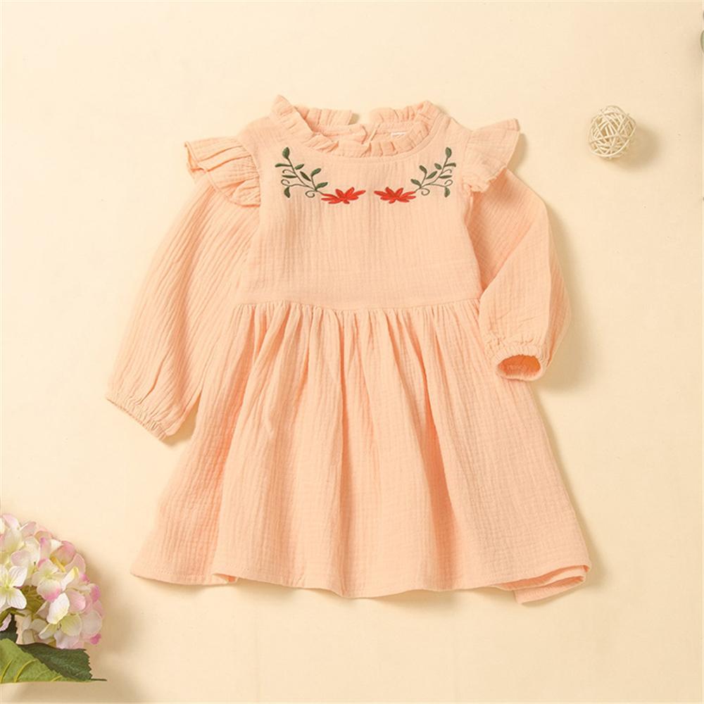 Girls Solid Embroidered Ruffle Pleated Dress Little Girl Outfits - PrettyKid