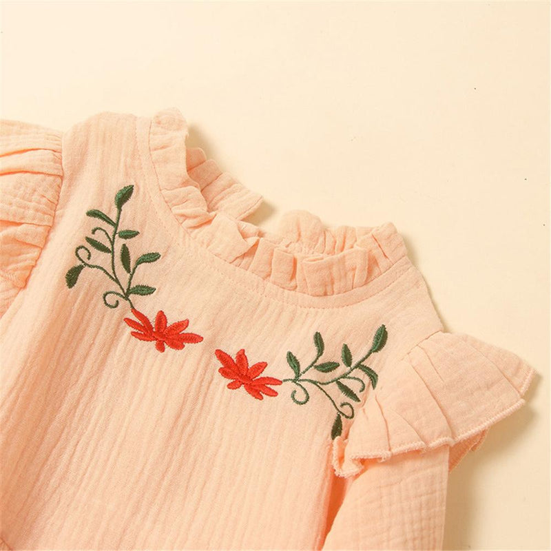 Girls Solid Embroidered Ruffle Pleated Dress Little Girl Outfits - PrettyKid