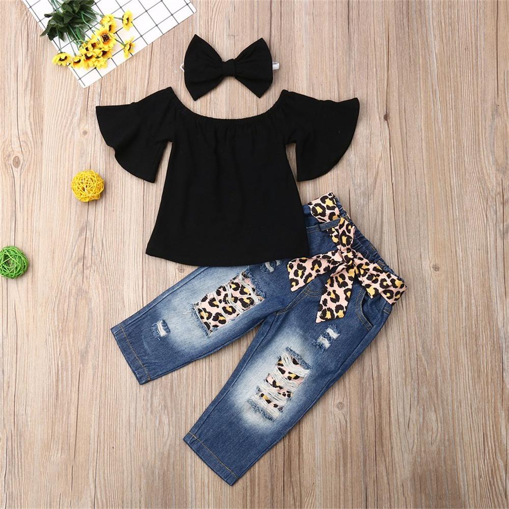 Girls Solid Flare Short Sleeve Top & Leopard Jeans &Hairband Girl Wholesale - PrettyKid