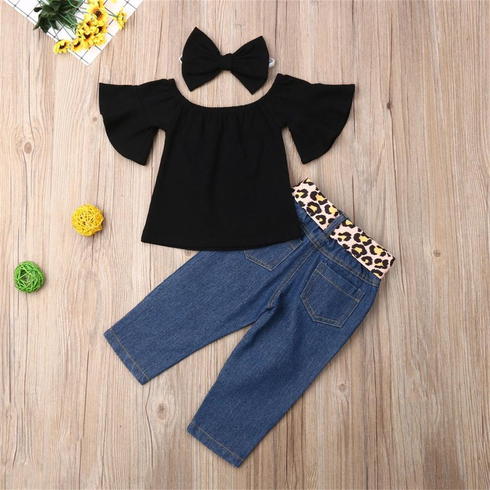 Girls Solid Flare Short Sleeve Top & Leopard Jeans &Hairband Girl Wholesale - PrettyKid