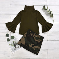 Girls Solid Flare Sleeve Tops & Zipper Camo Skirt - PrettyKid