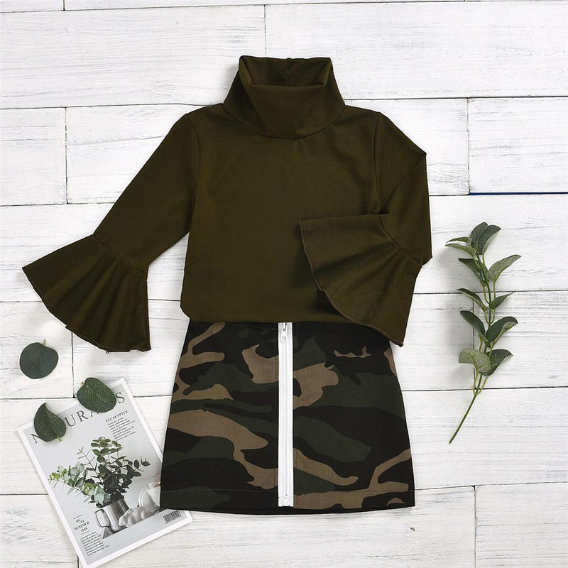 Girls Solid Flare Sleeve Tops & Zipper Camo Skirt - PrettyKid