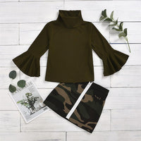 Girls Solid Flare Sleeve Tops & Zipper Camo Skirt - PrettyKid