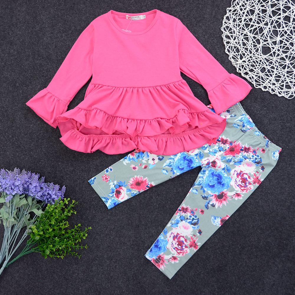 Girls Solid Flared Sleeve Top & Floral Pants Wholesale Girls Clothes - PrettyKid