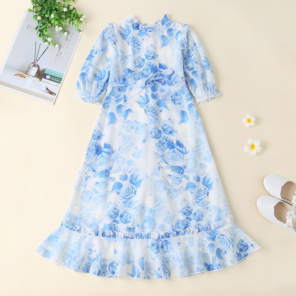 Girls Solid Floral Printed Long Sleeve Dress - PrettyKid