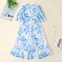 Girls Solid Floral Printed Long Sleeve Dress - PrettyKid