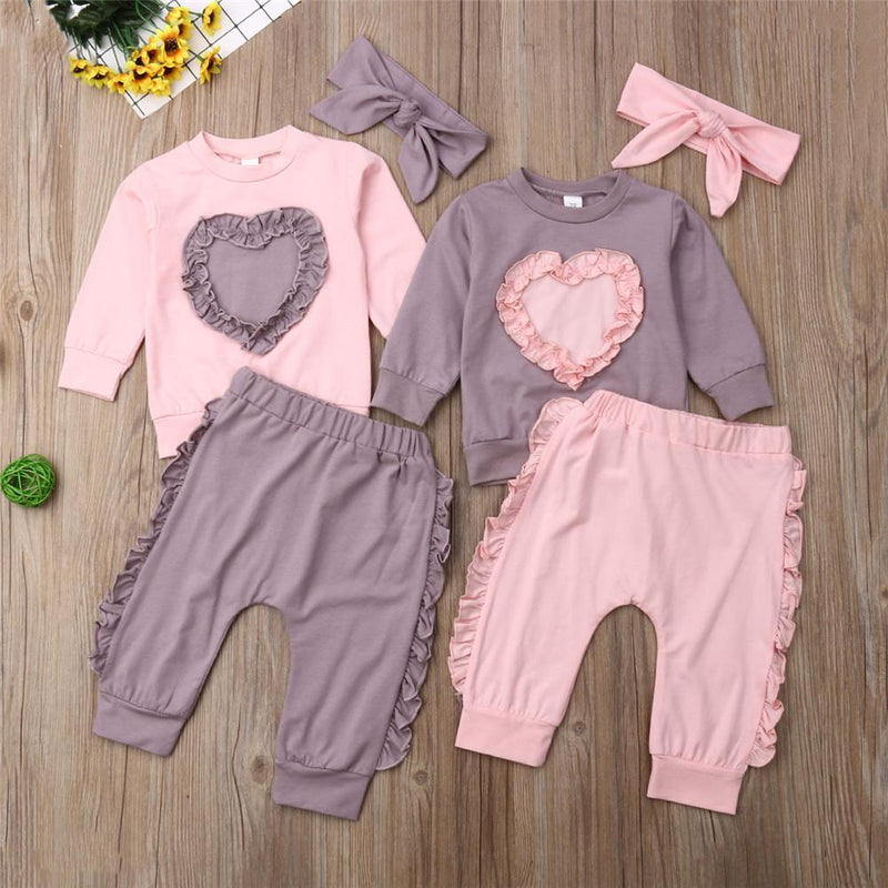 Girls Solid Heart Long Sleeve Tops & Pants & Headband - PrettyKid