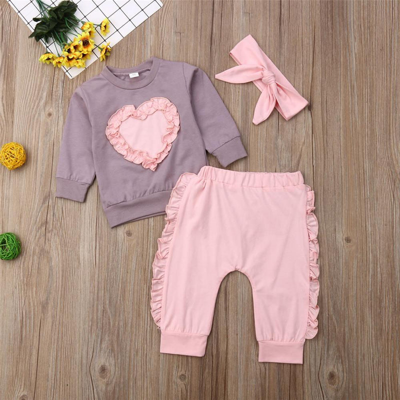 Girls Solid Heart Long Sleeve Tops & Pants & Headband - PrettyKid