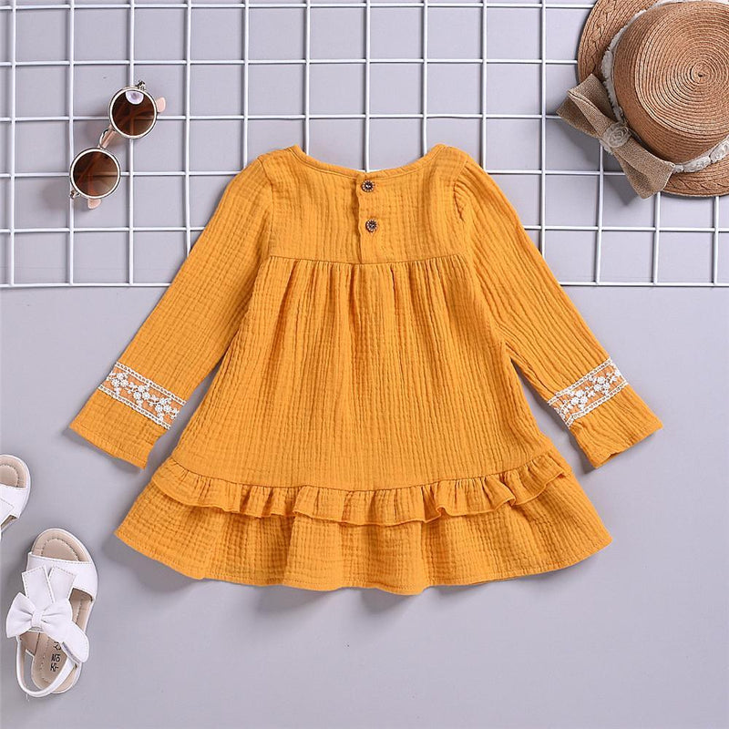 Girls Solid Hem Cotton Linen Long Sleeve Princess Dress - PrettyKid