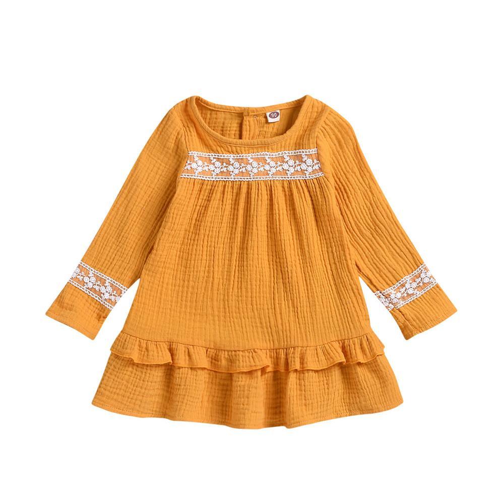 Girls Solid Hem Cotton Linen Long Sleeve Princess Dress - PrettyKid