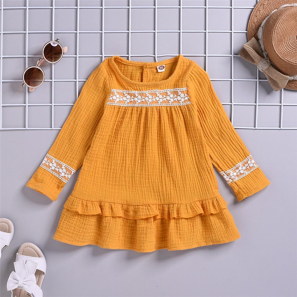 Girls Solid Hem Cotton Linen Long Sleeve Princess Dress - PrettyKid