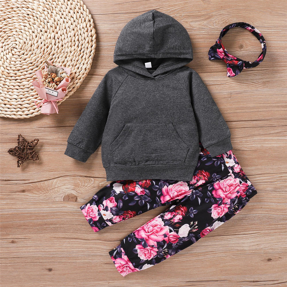 Baby Girls Solid Hooded Long Sleeve Top & Floral Pants Wholesale Clothing Baby - PrettyKid
