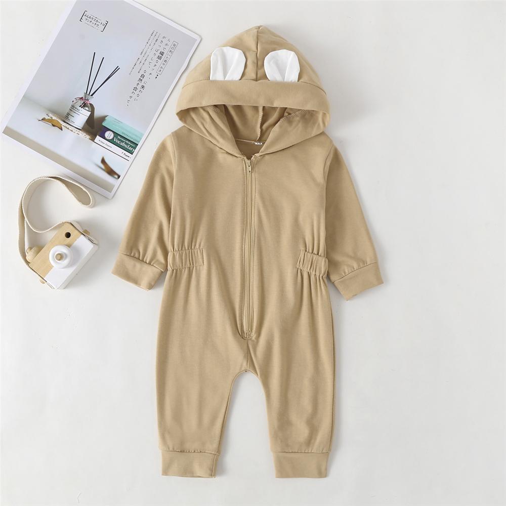 Baby Girls Solid Hooded Long Sleeve Zipper Romper Baby Wholesales - PrettyKid