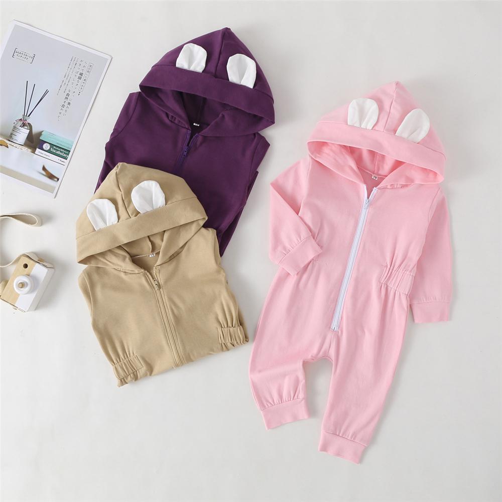 Baby Girls Solid Hooded Long Sleeve Zipper Romper Baby Wholesales - PrettyKid