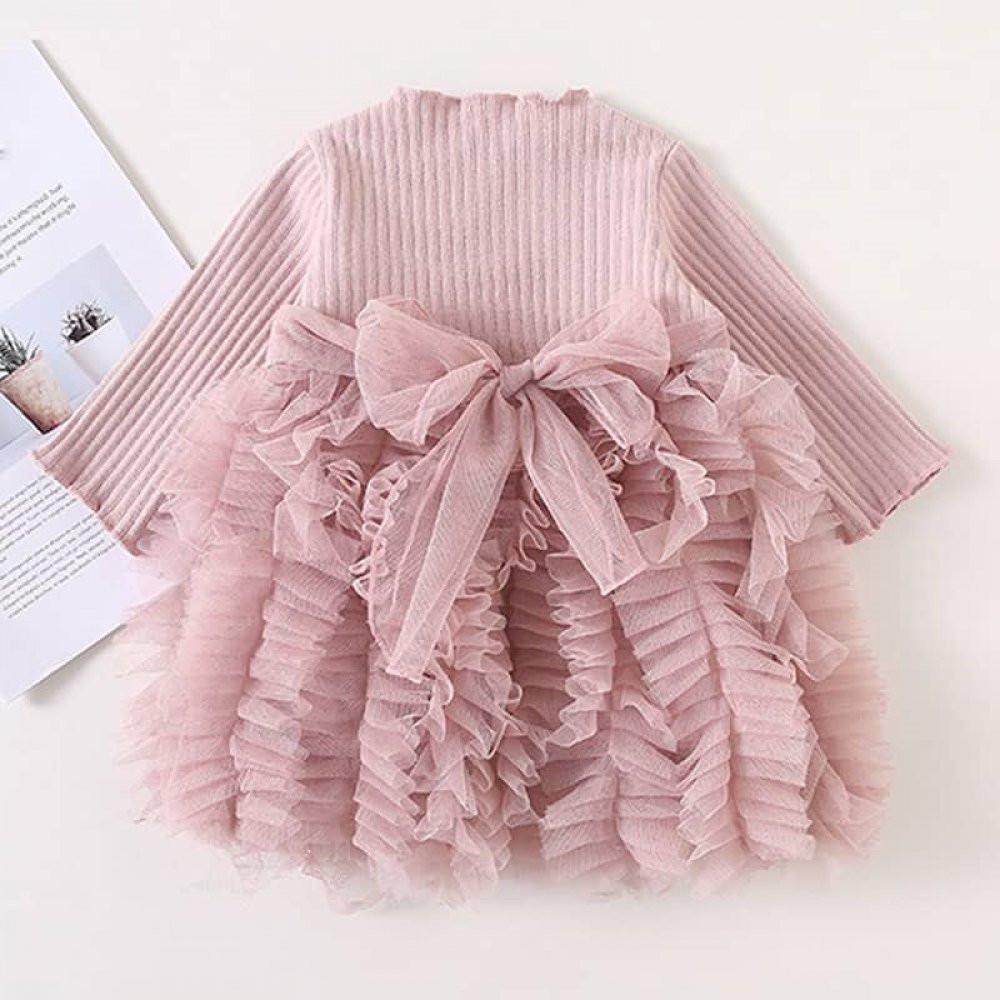 Girls Solid Knitted Long Sleeve Princess Puffy Tulle Dress - PrettyKid