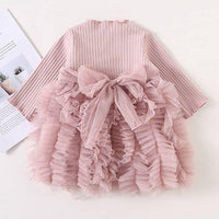 Girls Solid Knitted Long Sleeve Princess Puffy Tulle Dress - PrettyKid