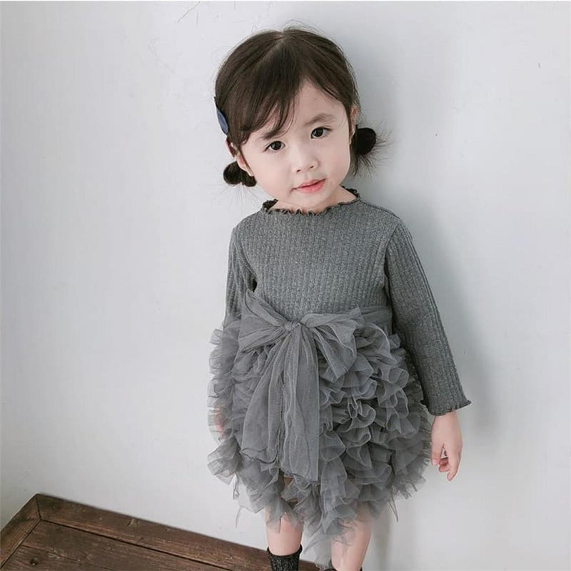 Girls Solid Knitted Long Sleeve Princess Puffy Tulle Dress - PrettyKid