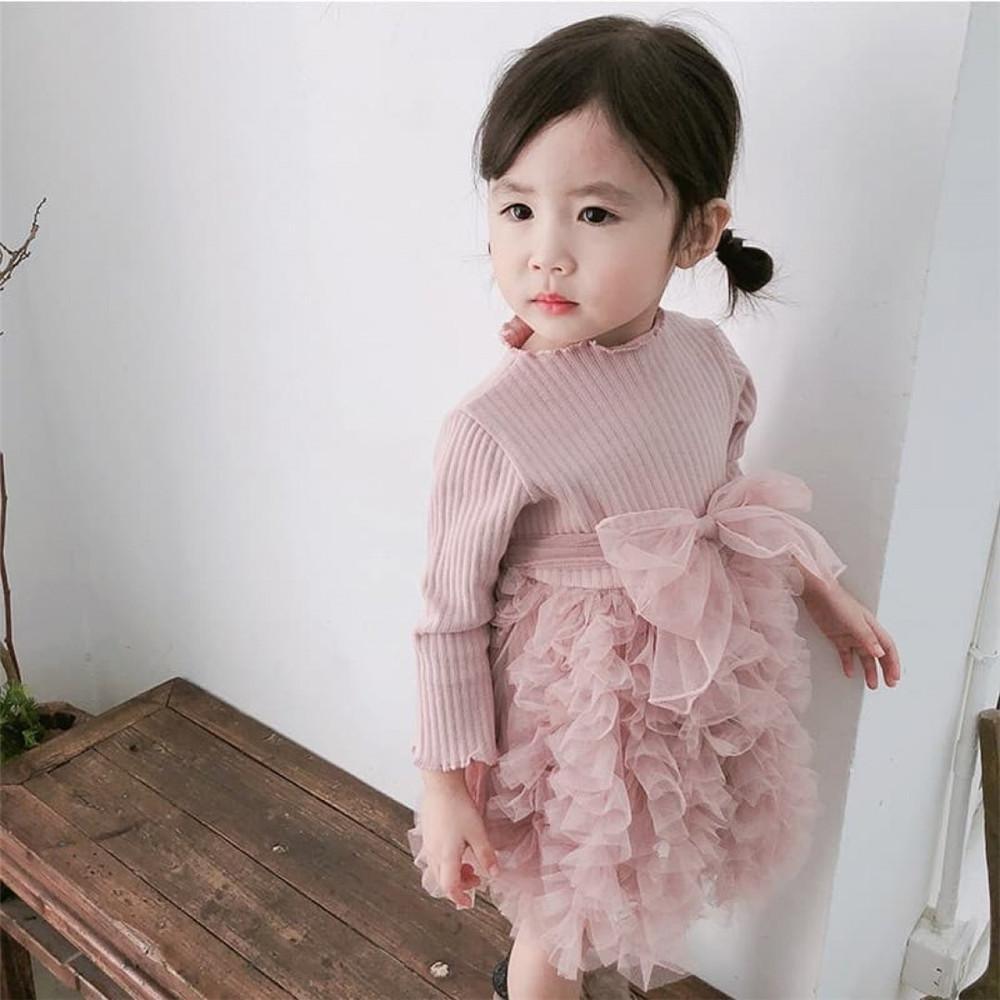 Girls Solid Knitted Long Sleeve Princess Puffy Tulle Dress - PrettyKid