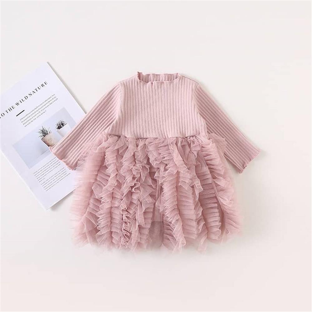 Girls Solid Knitted Long Sleeve Princess Puffy Tulle Dress - PrettyKid