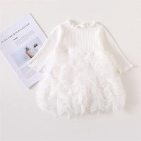 Girls Solid Knitted Long Sleeve Princess Puffy Tulle Dress - PrettyKid