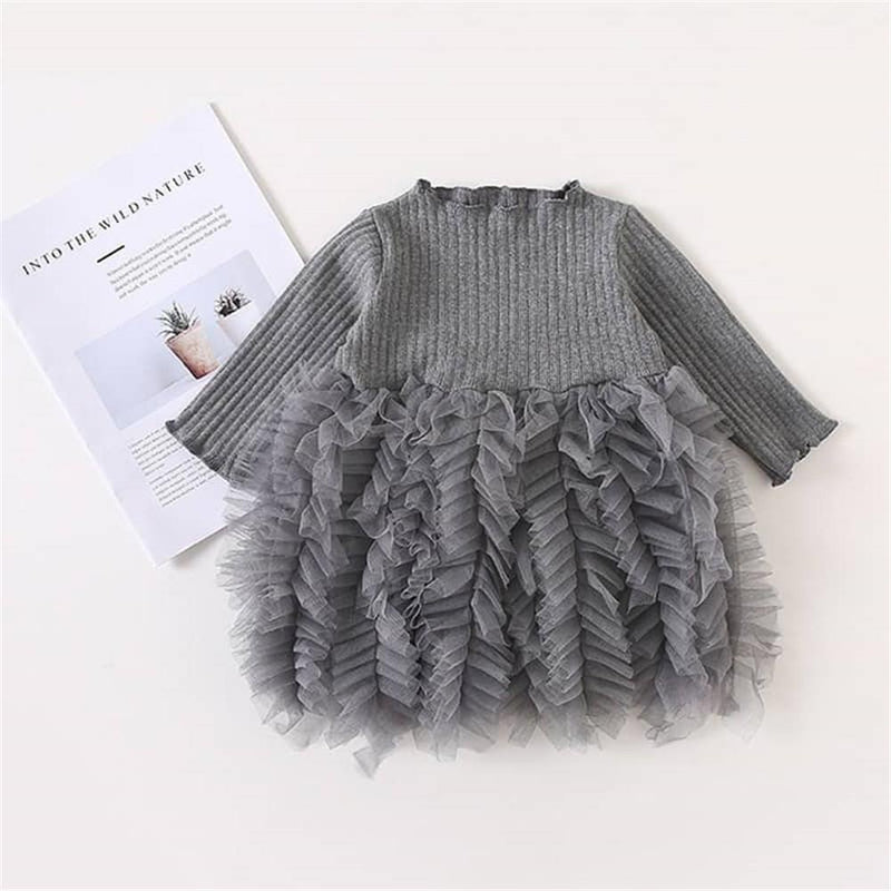 Girls Solid Knitted Long Sleeve Princess Puffy Tulle Dress - PrettyKid