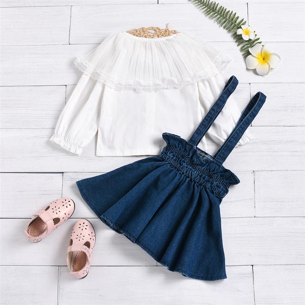 Girls Lace Long Sleeve Top & Denim Suspender Skirt Wholesale Girls - PrettyKid