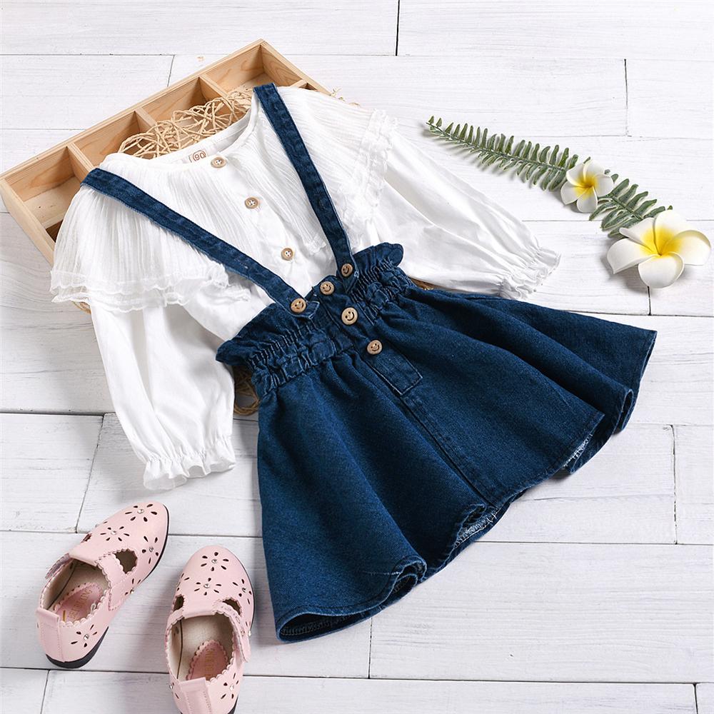 Girls Lace Long Sleeve Top & Denim Suspender Skirt Wholesale Girls - PrettyKid